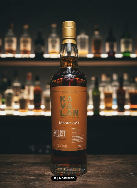 Whiskyquartier Kavalan Solist Brandy Cask Single Malt Whisky, dunkler Bernstein, 0,7L Flasche mit goldenem Verschluss.