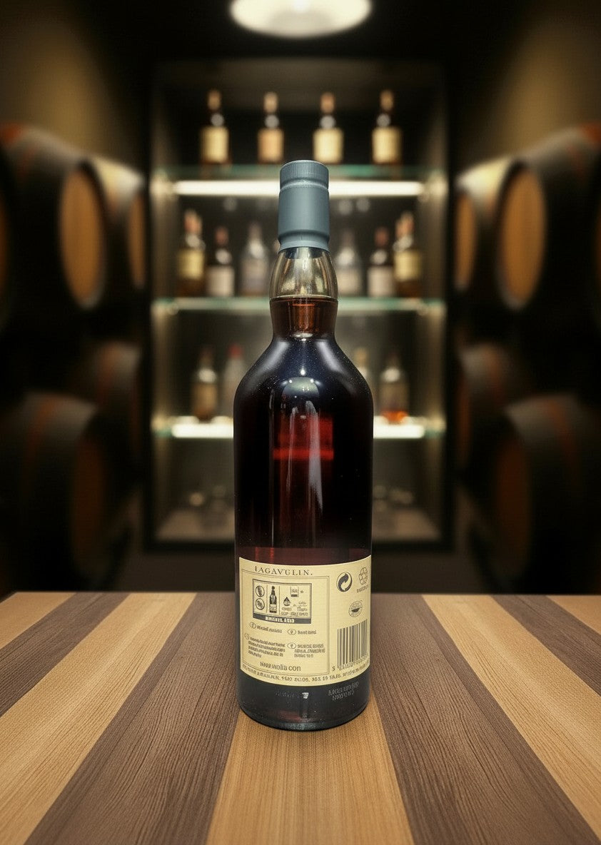 Whiskyquartier Lagavulin 16 Jahre 0,7L Flasche mit dunklem Bernstein-Whisky, im Hintergrund Fässer und Regale.