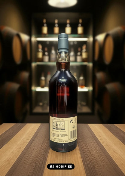 Whiskyquartier Lagavulin 16 Jahre 0,7L Flasche mit dunklem Bernstein-Whisky, im Hintergrund Fässer und Regale.