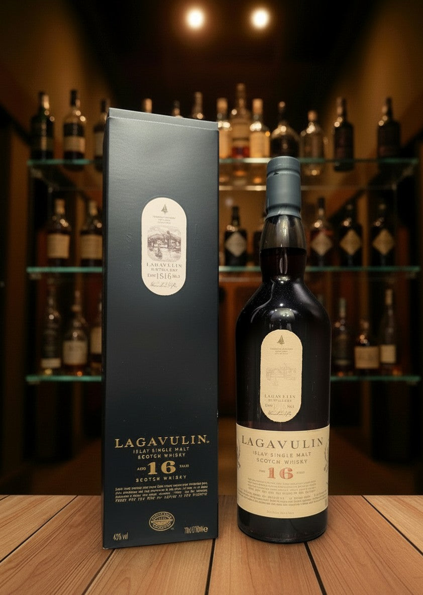 Whiskyquartier: Lagavulin 16 Jahre Islay Single Malt Scotch Whisky in dunkler Flasche mit schwarzer Geschenkbox. Rauchig, torfig, 0,7L.