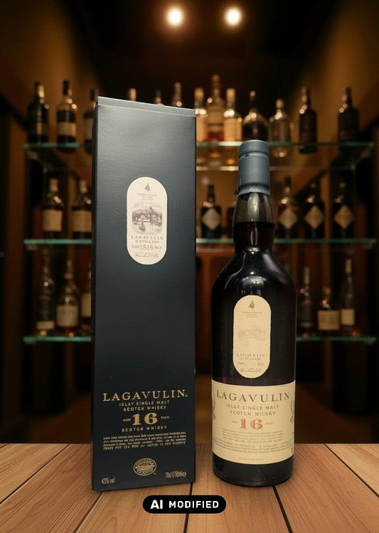 Whiskyquartier: Lagavulin 16 Jahre Islay Single Malt Scotch Whisky in dunkler Flasche mit schwarzer Geschenkbox. Rauchig, torfig, 0,7L.