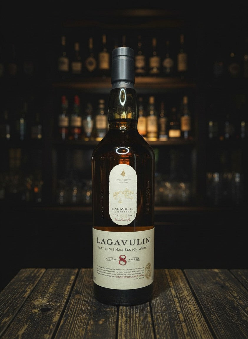 Whiskyquartier: Flasche Lagavulin 8 Years Old Islay Single Malt Scotch Whisky, 0,7L, 48% Vol. auf Holztisch