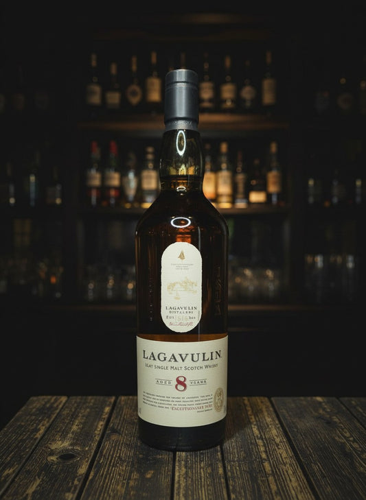 Whiskyquartier: Flasche Lagavulin 8 Years Old Islay Single Malt Scotch Whisky, 0,7L, 48% Vol. auf Holztisch