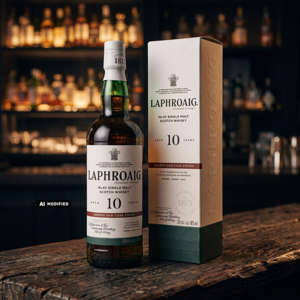 Whiskyquartier Laphroaig 10 Jahre Sherry Oak Finish Islay Single Malt Whisky Flasche mit Verpackung auf Holztresen