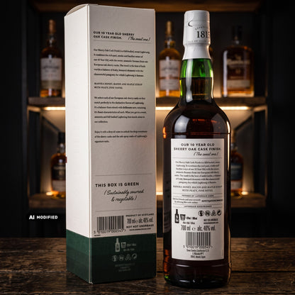 Whiskyquartier Laphroaig 10 Jahre Sherry Oak Finish Flasche mit weißer Produktverpackung auf dunklem Holzregal