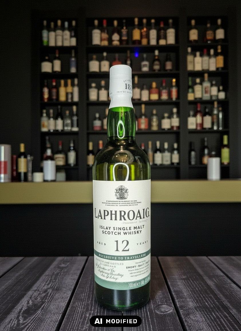 Whiskyquartier Laphroaig 12 Jahre Islay Single Malt Scotch Whisky in bernsteinfarbener Flüssigkeit, 0,7L