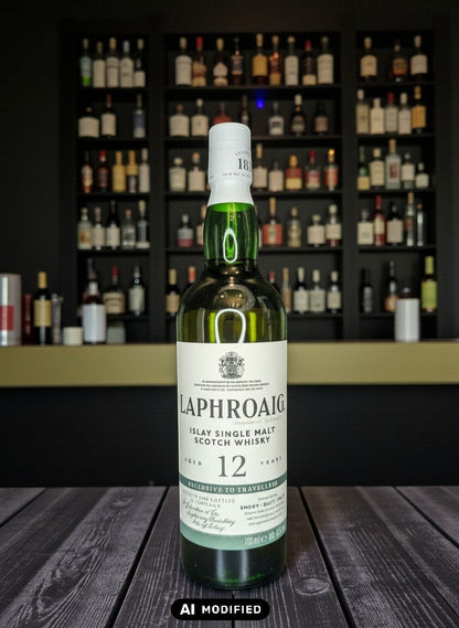 Whiskyquartier Laphroaig 12 Jahre Islay Single Malt Scotch Whisky in bernsteinfarbener Flüssigkeit, 0,7L