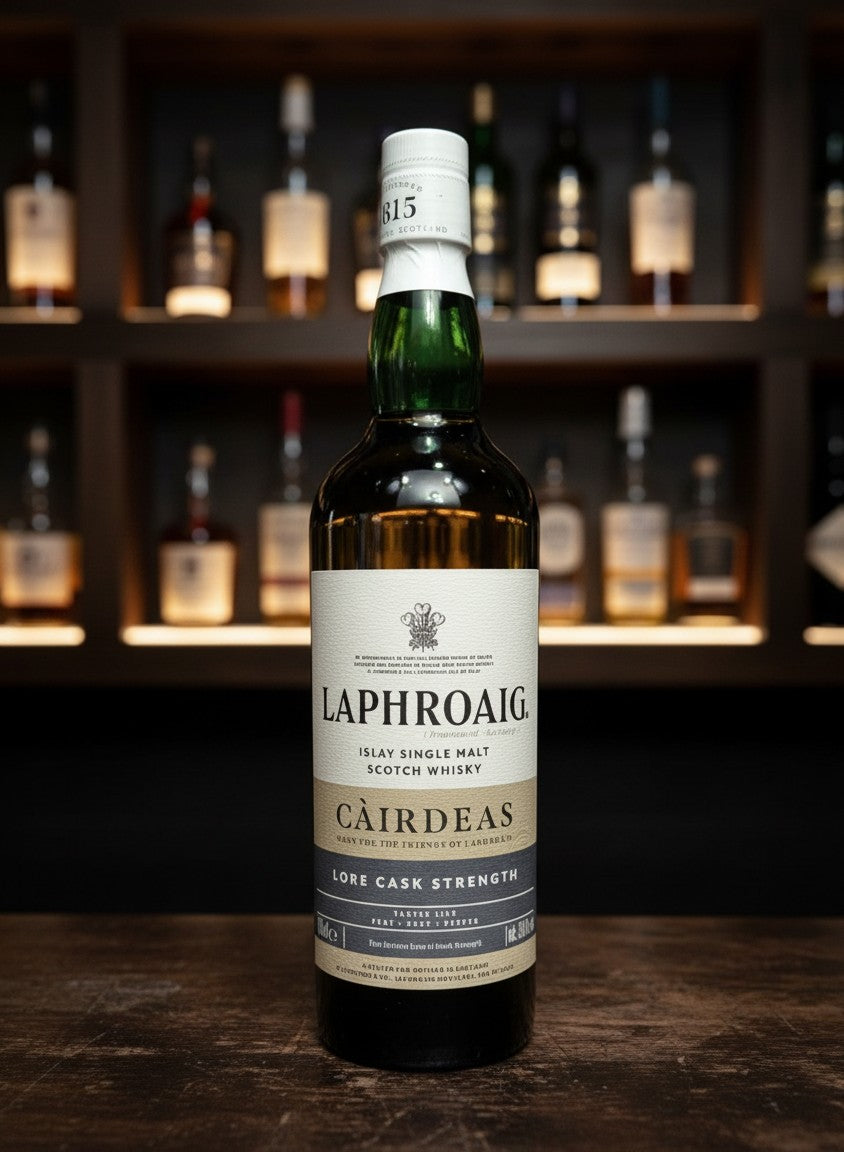 Laphroaig Càirdeas 2025 Lore Cask Strength Islay Single Malt Scotch Whisky 0.7L in dunklem Glas mit grünem Halsband.