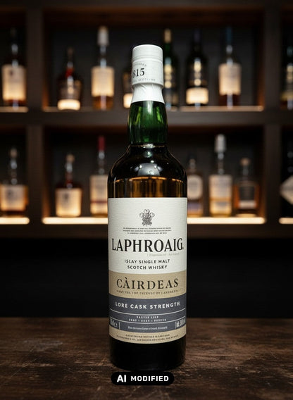 Laphroaig Càirdeas 2025 Lore Cask Strength Islay Single Malt Scotch Whisky 0.7L in dunklem Glas mit grünem Halsband.