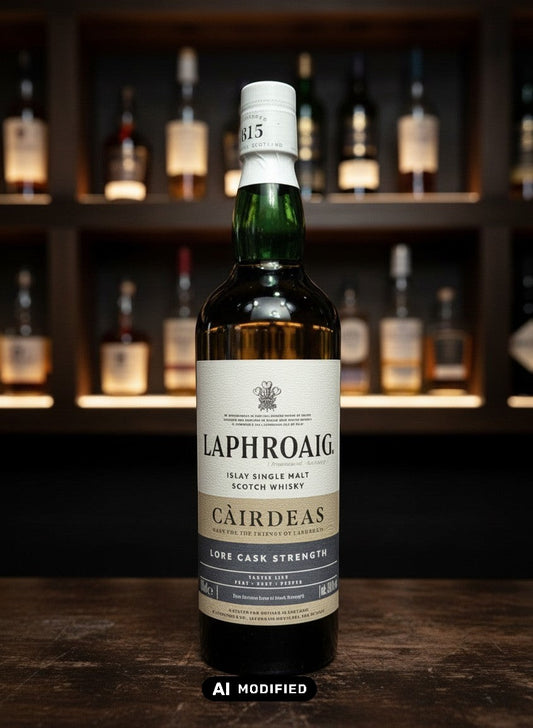 Laphroaig Càirdeas 2025 Lore Cask Strength Islay Single Malt Scotch Whisky 0.7L in dunklem Glas mit grünem Halsband.