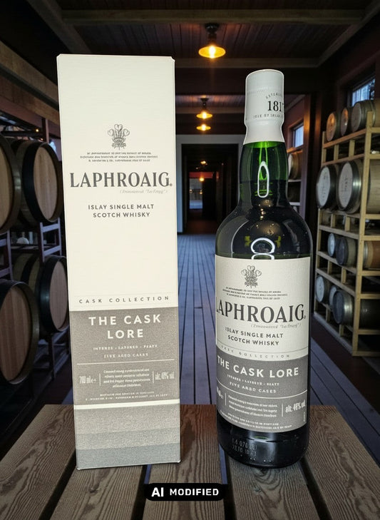 Whiskyquartier Laphroaig The Cask Lore Islay Single Malt Scotch Whisky 0.7L in dunklem Glas mit passender Geschenkverpackung