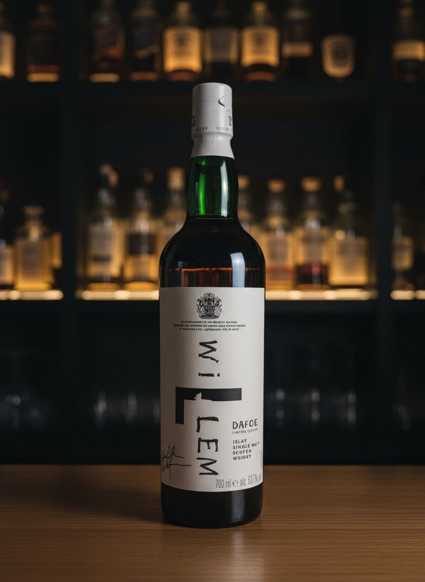 Whiskyquartier Laphroaig Willem Dafoe Limited Edition 0.7L single malt scotch whisky bottle with white label and green neck.