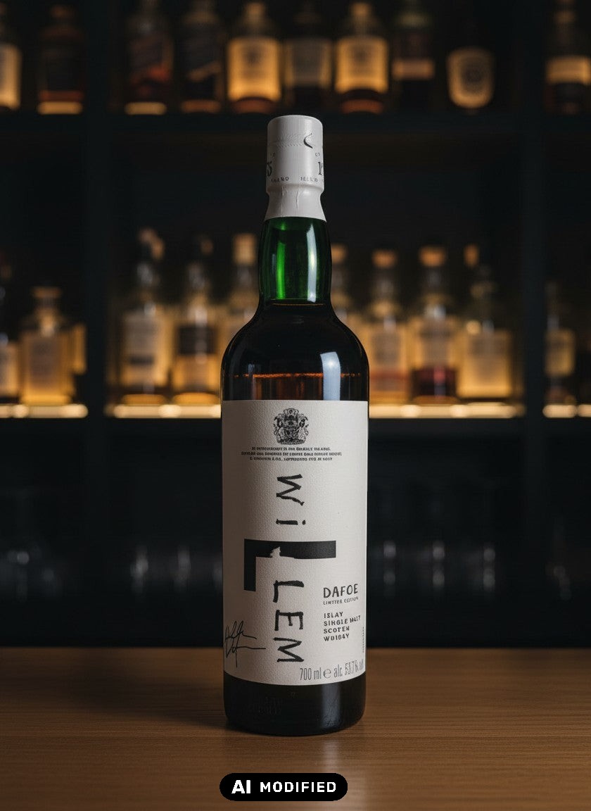 Whiskyquartier Laphroaig Willem Dafoe Limited Edition 0.7L single malt scotch whisky bottle with white label and green neck.