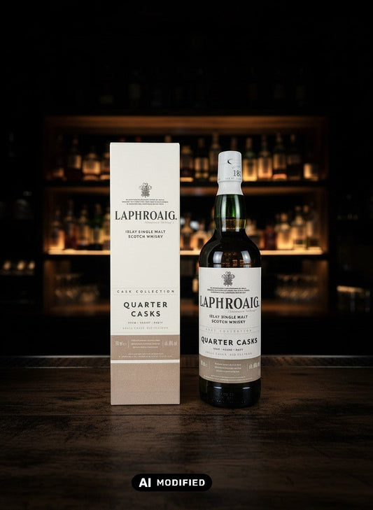 Laphroaig Quarter Cask Islay Single Malt Scotch Whisky 0.7L in einer Flasche und Karton, warmes Gold, rauchig, süß und salzig.