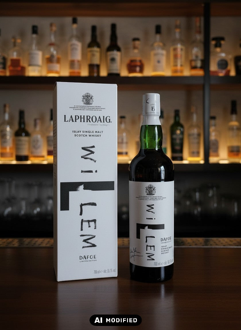 Whiskyquartier presents the Laphroaig Willem Dafoe Limited Edition 0.7L single malt scotch whisky in a dark glass bottle with a white label and green neck.