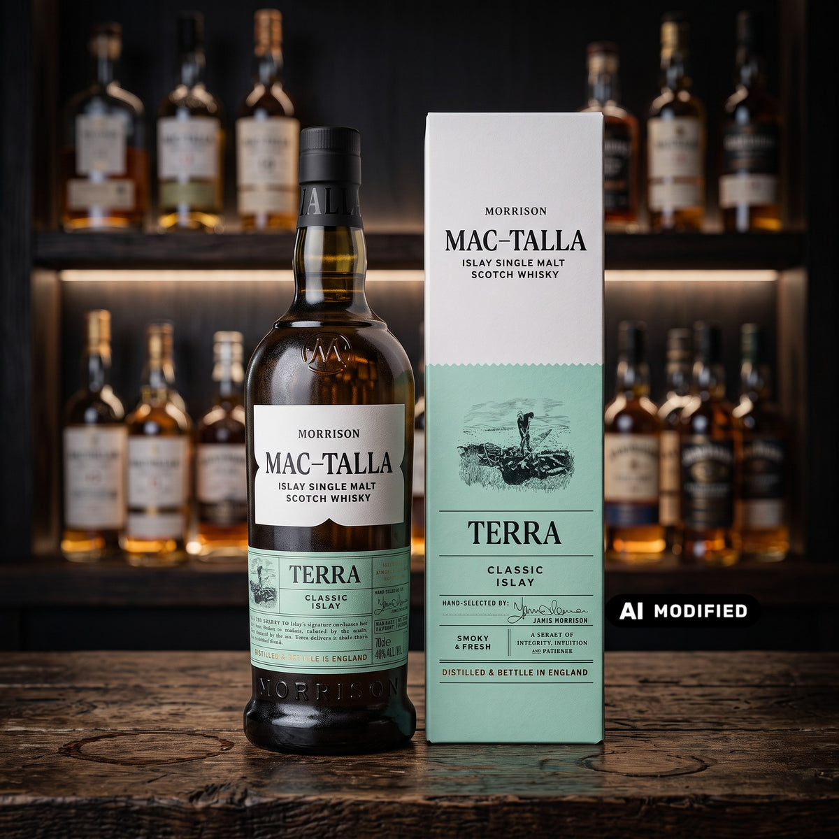 Whiskyquartier MAC-TALLA Terra Islay Single Malt Whisky Flasche mit Geschenkverpackung auf einem Holztisch