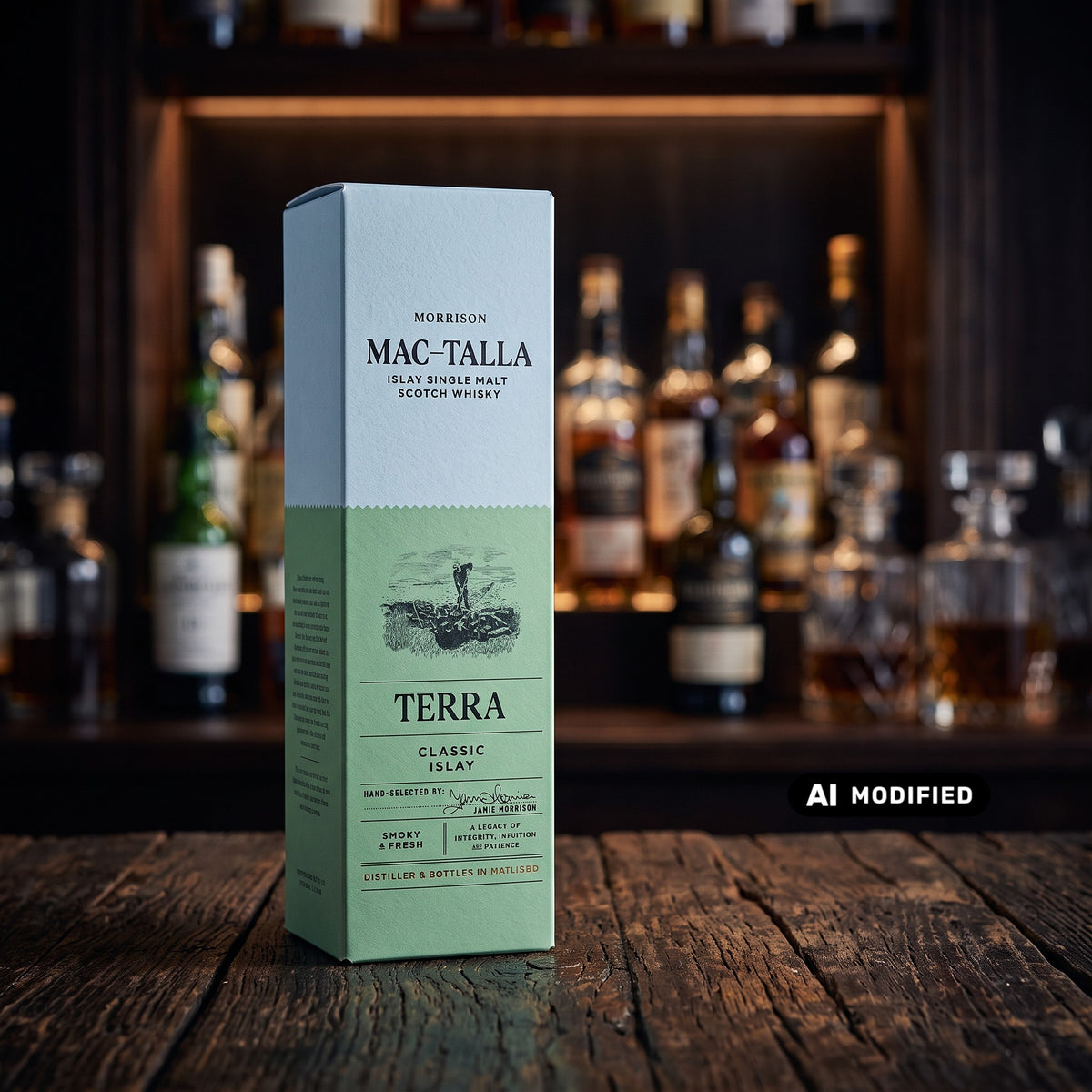 Whiskyquartier MAC-TALLA Terra Islay Single Malt Whisky in hellgrüner Verpackung auf einem rustikalen Holztisch
