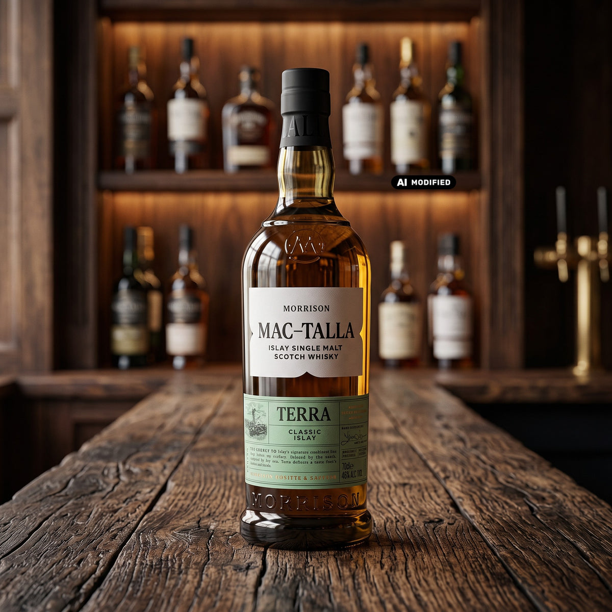 Whiskyquartier MAC-TALLA Terra Islay Single Malt Whisky in einer 0,7L Flasche auf einem rustikalen Holztresen