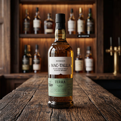 Whiskyquartier MAC-TALLA Terra Islay Single Malt Whisky in einer 0,7L Flasche auf einem rustikalen Holztresen