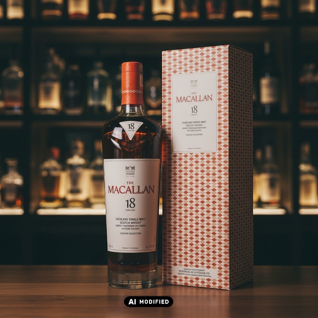 Whiskyquartier Macallan 18 Years Old Colour Collection, bernsteinfarbener Single Malt Scotch Whisky in Glasflasche mit orangefarbener Geschenkbox.