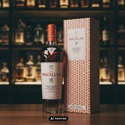 Whiskyquartier Macallan 18 Years Old Colour Collection, bernsteinfarbener Single Malt Scotch Whisky in Glasflasche mit orangefarbener Geschenkbox.