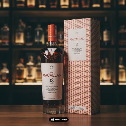 Whiskyquartier Macallan 18 Years Old Colour Collection, bernsteinfarbener Single Malt Scotch Whisky in Glasflasche mit orangefarbener Geschenkbox.