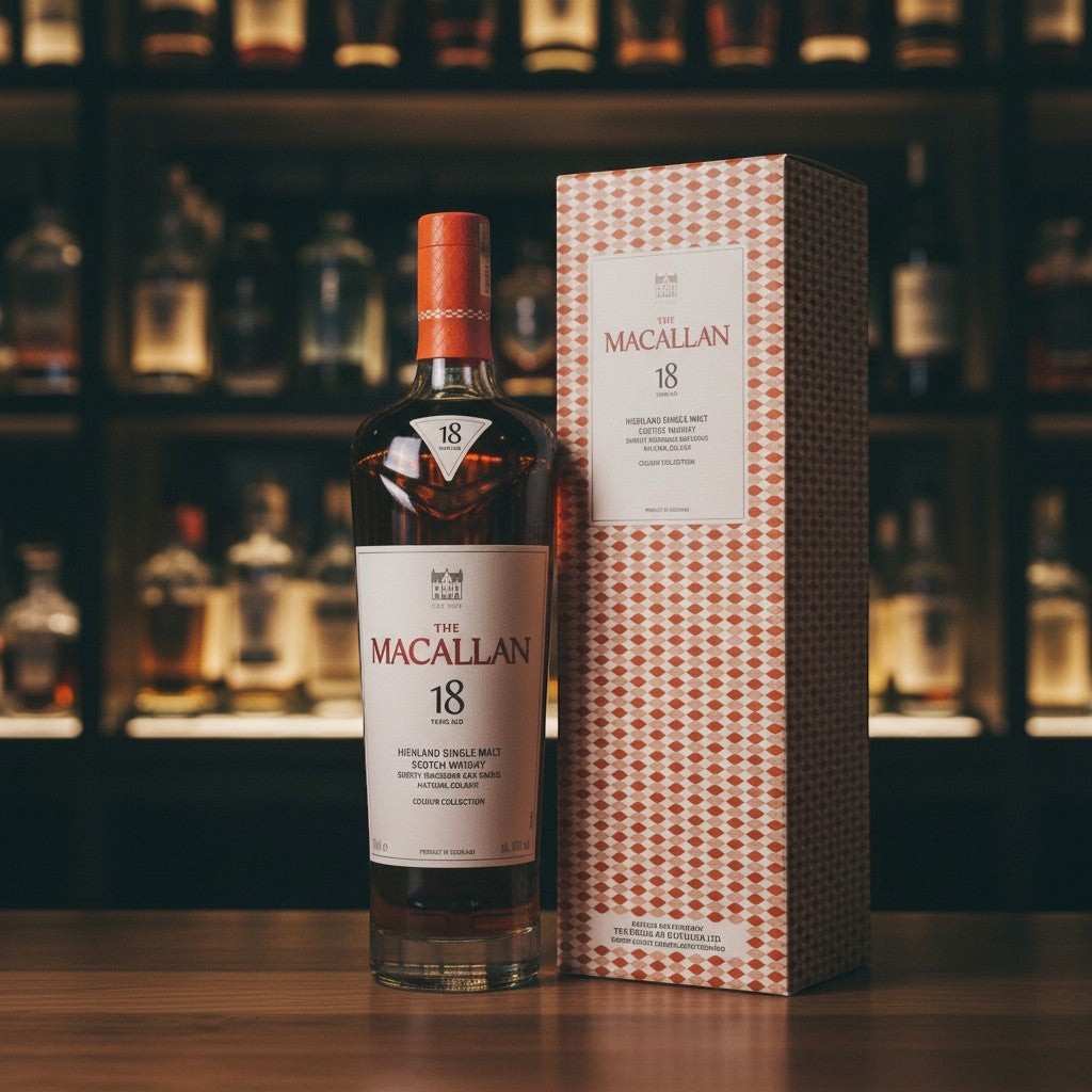 Whiskyquartier Macallan 18 Years Old Colour Collection, bernsteinfarbener Single Malt Scotch Whisky in Glasflasche mit orangefarbener Geschenkbox.