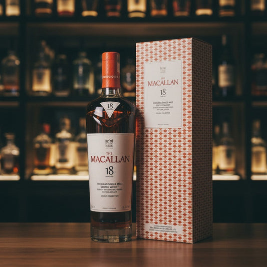 Whiskyquartier Macallan 18 Years Old Colour Collection, bernsteinfarbener Single Malt Scotch Whisky in Glasflasche mit orangefarbener Geschenkbox.