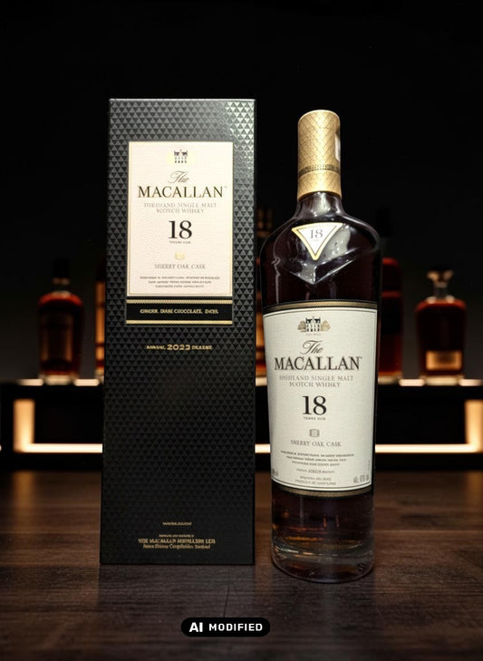 Whiskyquartier Macallan 18 Years Sherry Oak 2023 Release, 0,7L, bernsteinfarbener Single Malt Scotch Whisky in Sherry-Eichenfässern gereift.