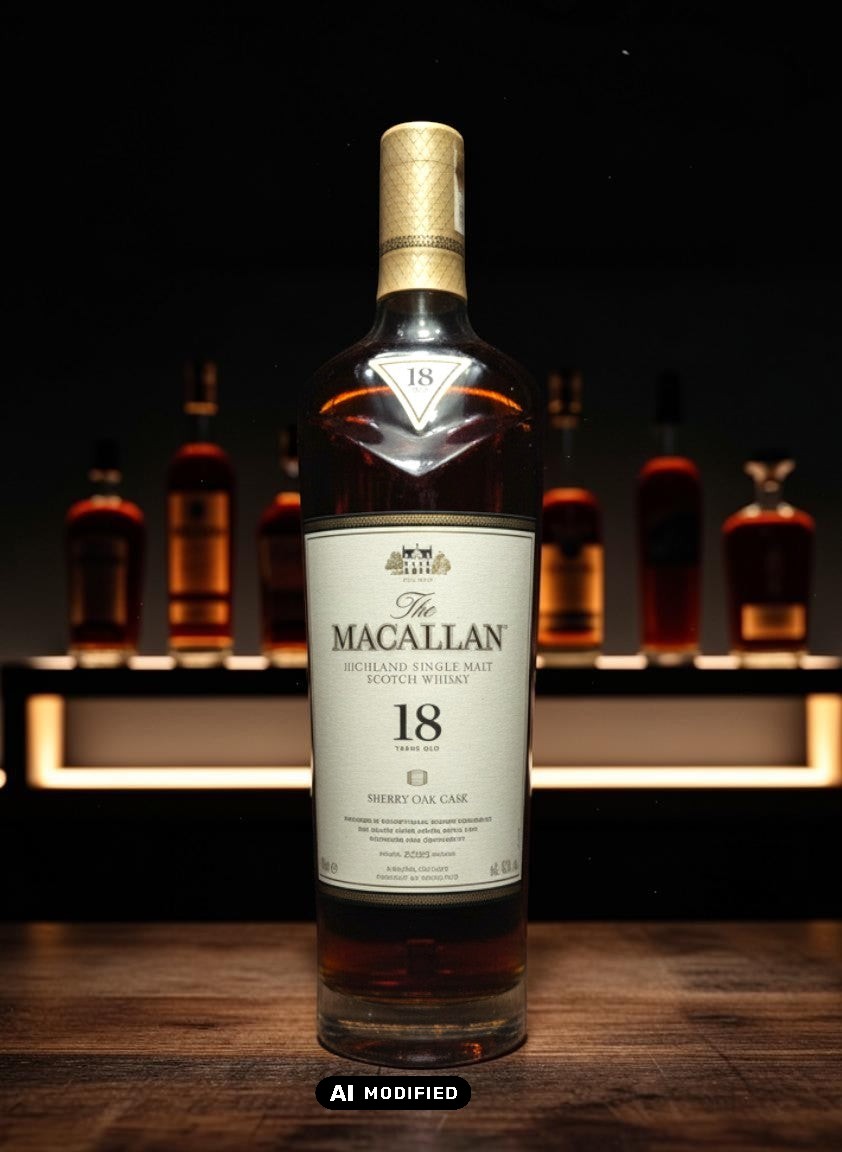 Macallan 18 Years Sherry Oak Cask 2023 Release Single Malt Scotch Whisky in einer Glasflasche mit hellem Mahagonifarbton.