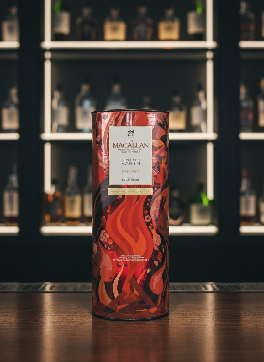 Whiskyquartier presents The Macallan A Night on Earth The First Light 2025 limited edition single malt Scotch whisky in a vibrant, fiery orange and brown illustrated tube.