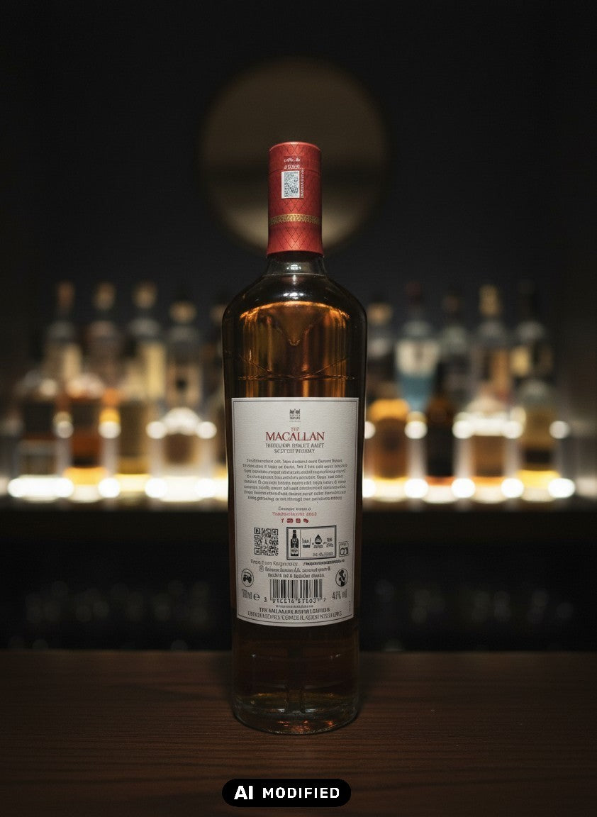 Whiskyquartier presents The Macallan A Night on Earth The First Light 2025 single malt Scotch whisky in a clear glass bottle with a red and gold label, set in a distillery with barrels.