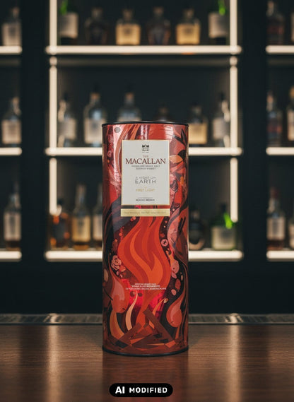 Whiskyquartier presents The Macallan A Night on Earth The First Light 2025 limited edition single malt Scotch whisky in a vibrant, fiery orange and brown illustrated tube.