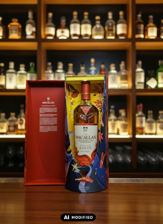 Whiskyquartier presents The Macallan A Night on Earth The First Light 2025 single malt Scotch whisky in a colourful gift box.