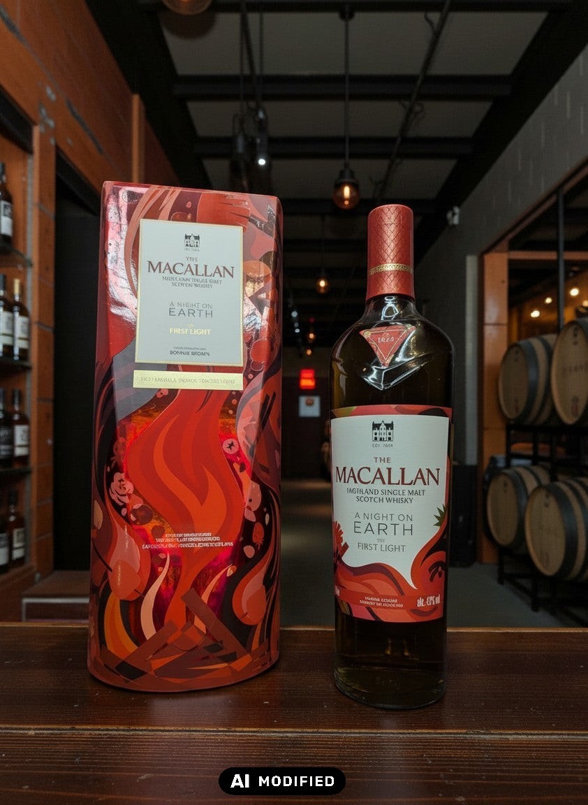 Whiskyquartier presents The Macallan A Night on Earth The First Light 2025 single malt Scotch whisky in a decorative bottle and gift box.