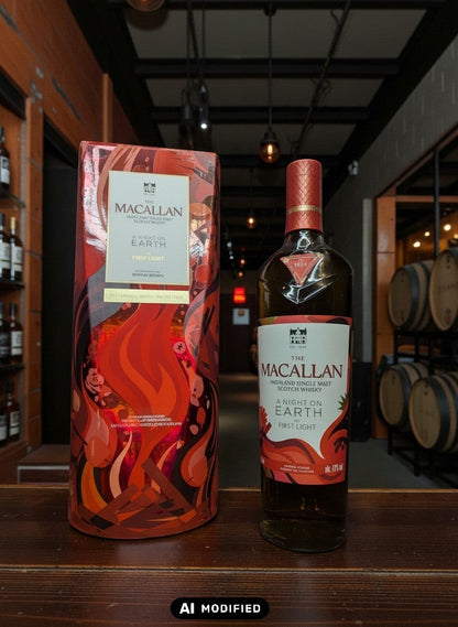 Whiskyquartier presents The Macallan A Night on Earth The First Light 2025 single malt Scotch whisky in a decorative bottle and gift box.