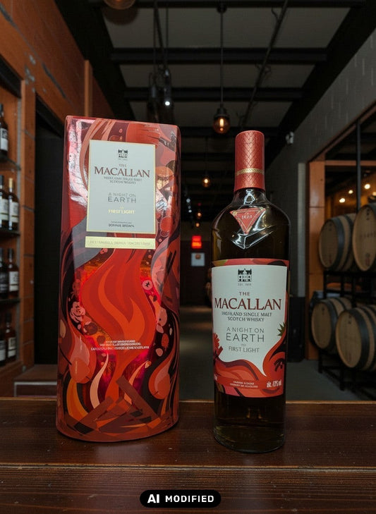 Whiskyquartier presents The Macallan A Night on Earth The First Light 2025 single malt Scotch whisky in a decorative bottle and gift box.