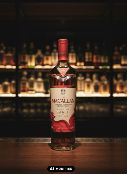 Whiskyquartier presents The Macallan A Night on Earth The First Light 2025 single malt Scotch whisky in a clear bottle with a red and white label, set in a distillery cellar.