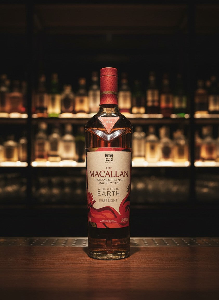 Whiskyquartier presents The Macallan A Night on Earth The First Light 2025 single malt Scotch whisky in a clear bottle with a red and white label, set in a distillery cellar.