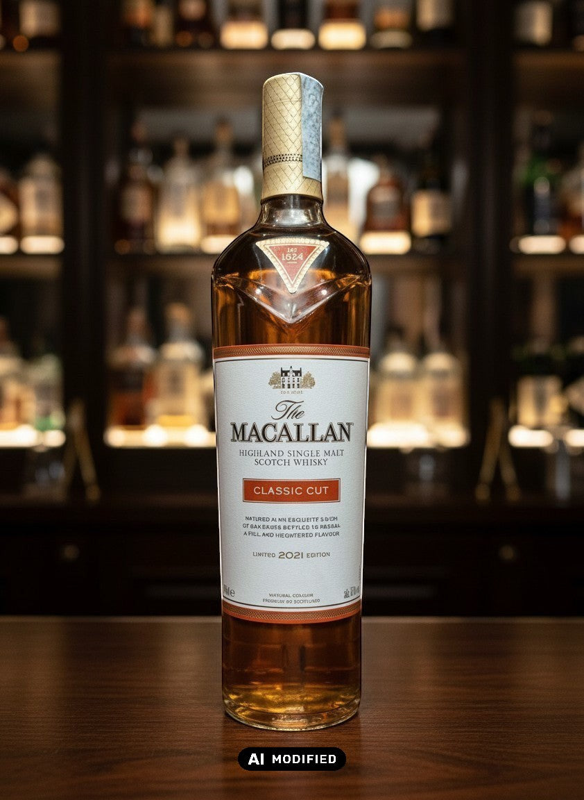 Whiskyquartier Macallan Classic Cut 2021 limited edition single malt Scotch whisky in a clear glass bottle with a white and orange label.