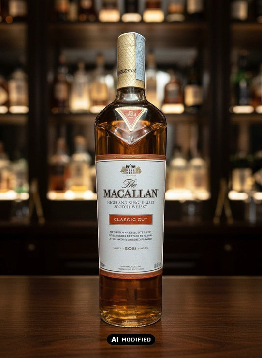 Whiskyquartier Macallan Classic Cut 2021 limited edition single malt Scotch whisky in a clear glass bottle with a white and orange label.