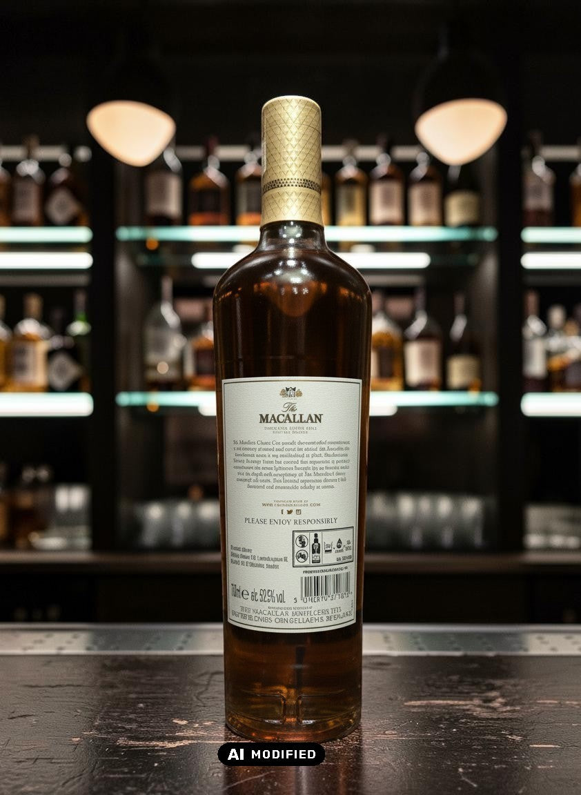Whiskyquartier Macallan Classic Cut 2022 Single Malt Scotch Whisky in Glasflasche, 0,7L, goldener Verschluss, bernsteinfarbener Inhalt.