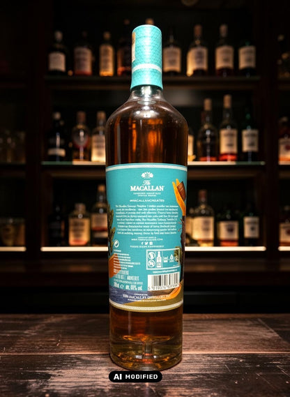 Macallan Concept No. 1 Single Malt Scotch Whisky 0,7L in einer Flasche mit türkisfarbenem Etikett und Verschluss.