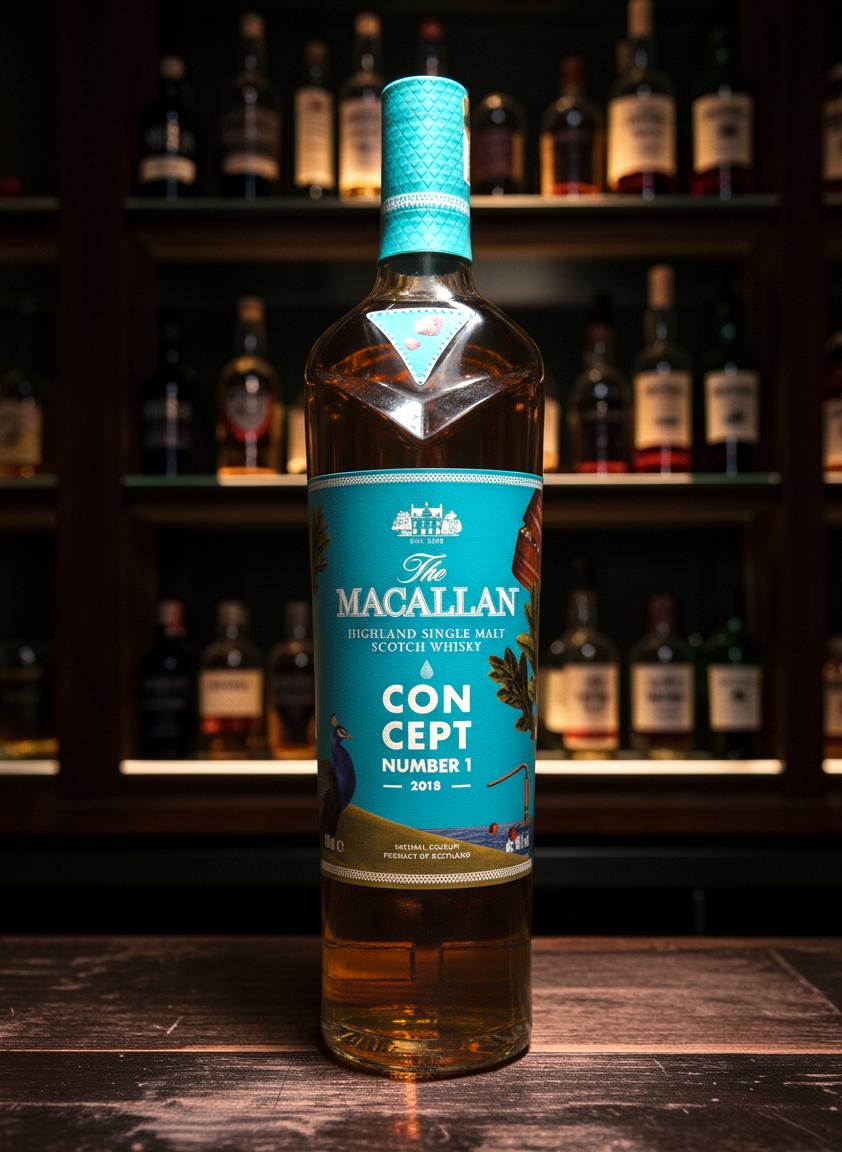 The Macallan Concept No. 1 Highland Single Malt Scotch Whisky 0,7L mit Pfau und surrealer Kunst auf dem Etikett