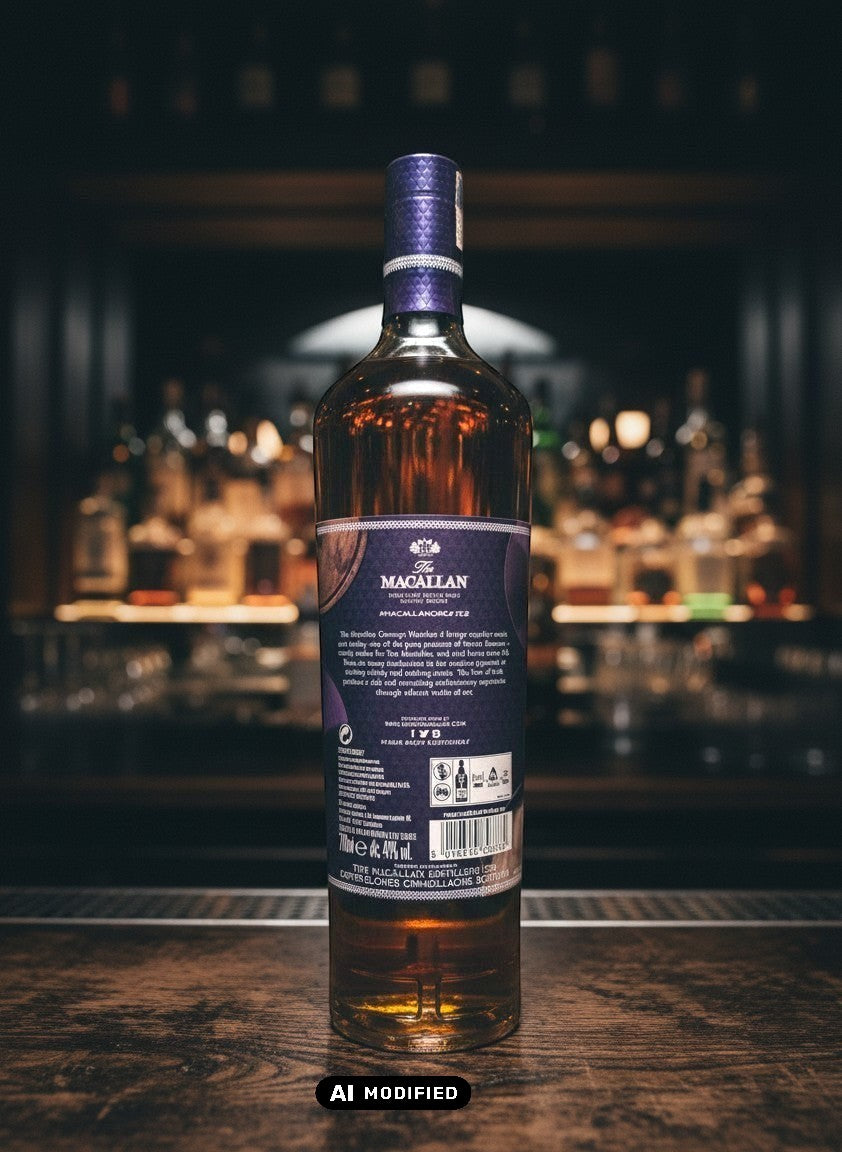 Whiskyquartier: Macallan Concept No. 2 0,7L Flasche mit lila Muster und Holzfass-Detail. Limitierte Edition.