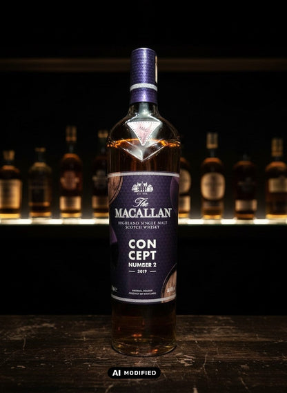 Whiskyquartier: The Macallan Concept No. 2 Highland Single Malt Scotch Whisky 0,7L Flasche mit lila Etikett und Noten von Früchten und Holz.