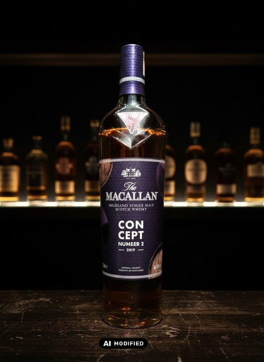 Whiskyquartier: The Macallan Concept No. 2 Highland Single Malt Scotch Whisky 0,7L Flasche mit lila Etikett und Noten von Früchten und Holz.
