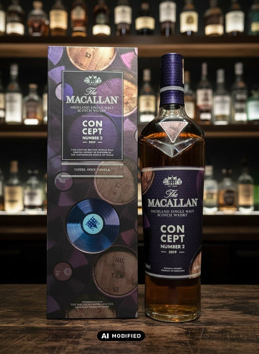 The Macallan Concept No. 2 Highland Single Malt Scotch Whisky 0,7L Flasche und Karton mit Vinyl- und Fass-Design. Whiskyquartier