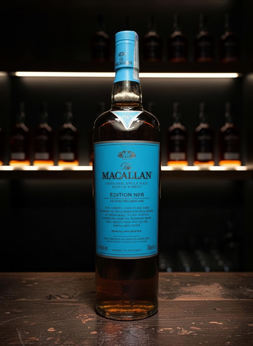 Macallan Edition No. 6 Single Malt Scotch Whisky 0,7L in blauer Flasche, inspiriert vom Fluss Spey.