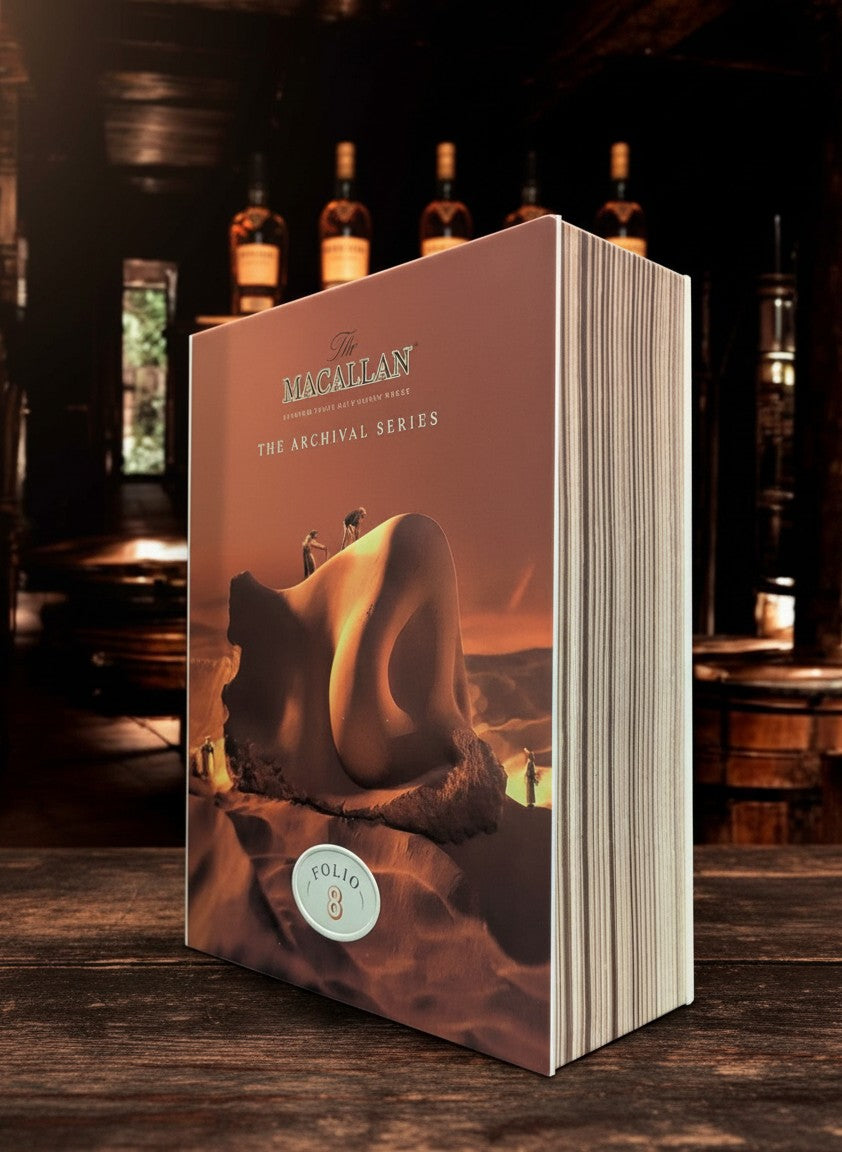 Whiskyquartier Macallan Archival Series Folio 8 0,7L in Buchform, limitierte Edition, inspiriert von "The Colossus of Nose" Kampagne.